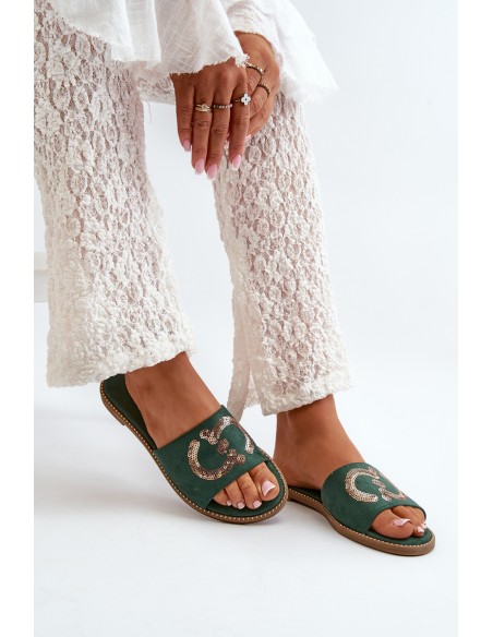 Women's Flat Flip Flops With Sequins S.Barski KV27-052 Green