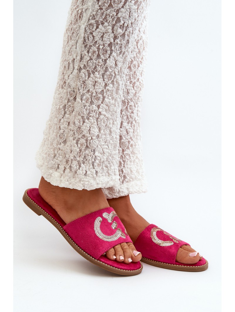 Women's Flat Sequined Slides S.Barski KV27-052 Fuchsia