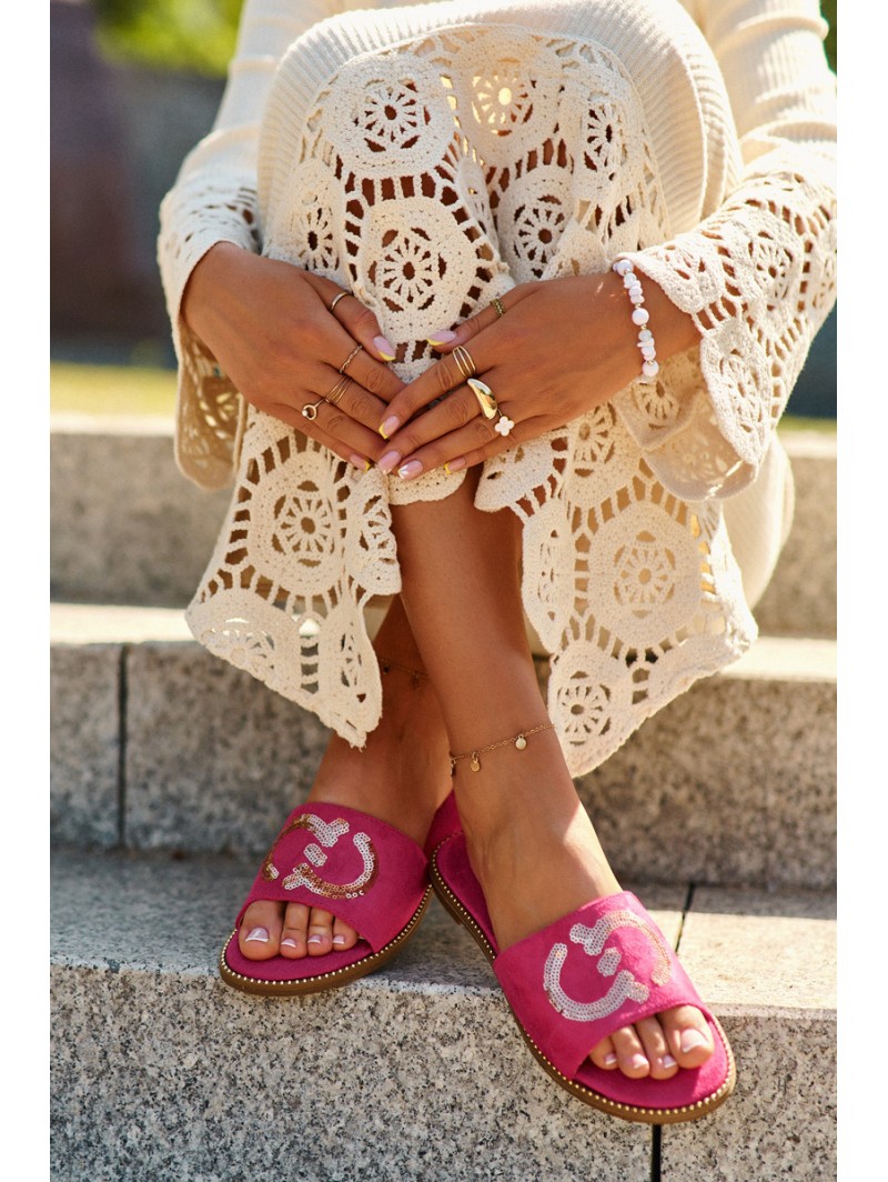 Women's Flat Sequined Slides S.Barski KV27-052 Fuchsia