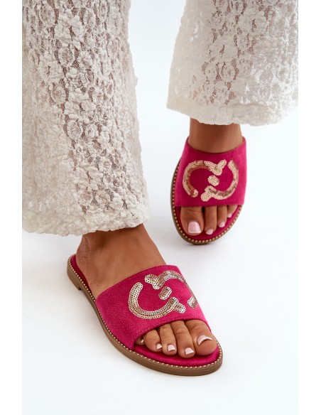 Women's Flat Sequined Slides S.Barski KV27-052 Fuchsia