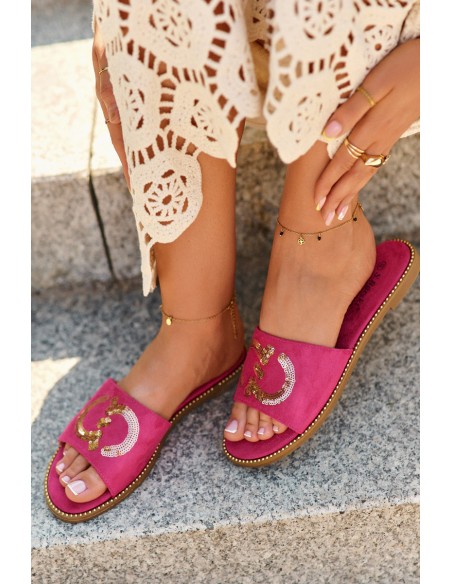 Women's Flat Sequined Slides S.Barski KV27-052 Fuchsia