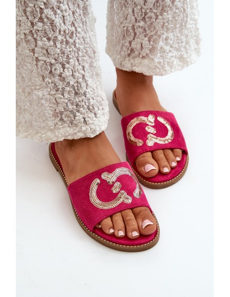 Women's Flat Sequined Slides S.Barski KV27-052 Fuchsia