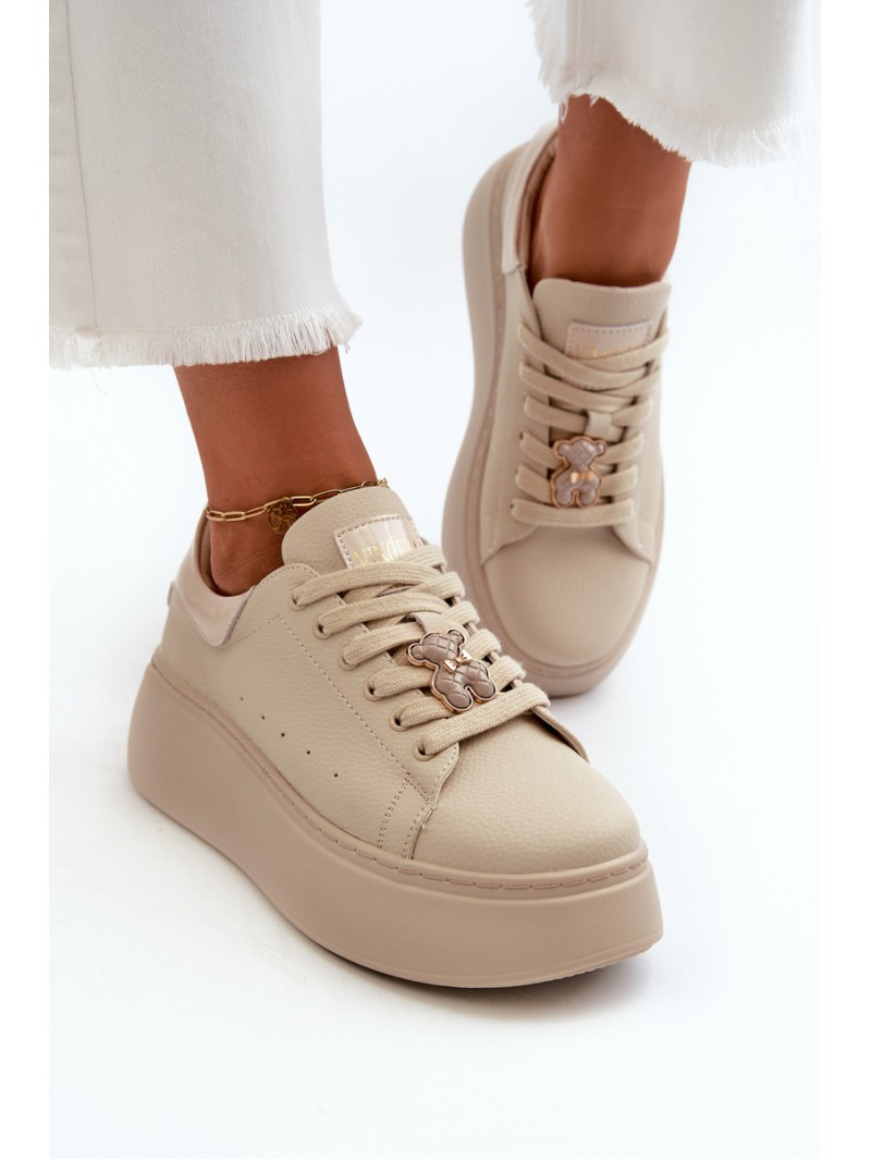 Women's Leather Platform Sneakers with Bow Beige Vinceza 66641