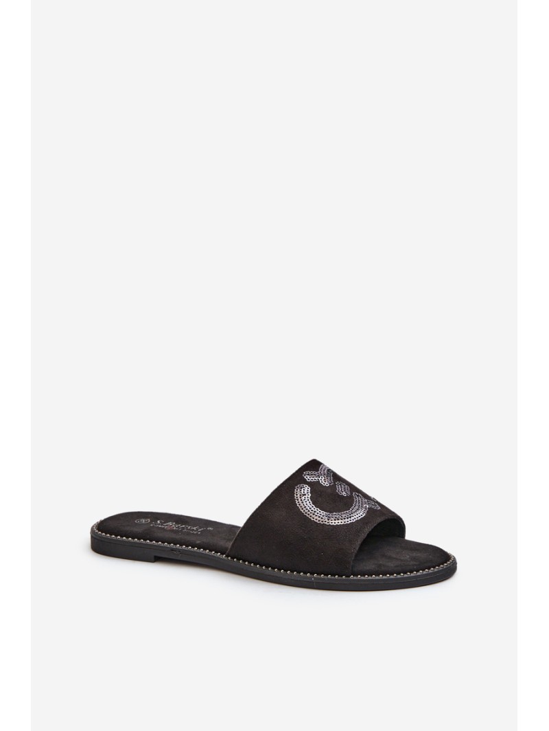 Women's Flat Flip-Flops With Sequins S.Barski KV27-052 Black