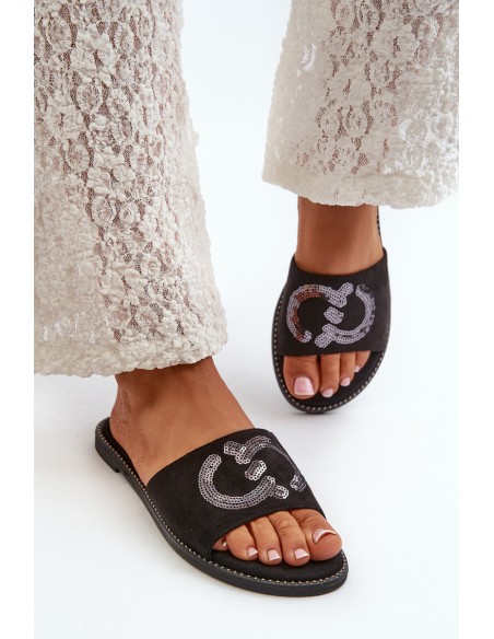 Women's Flat Flip-Flops With Sequins S.Barski KV27-052 Black