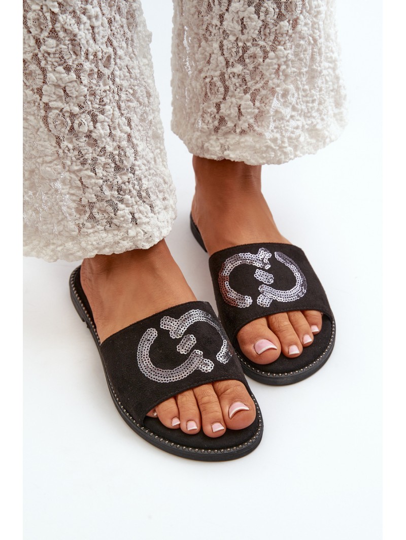 Women's Flat Flip-Flops With Sequins S.Barski KV27-052 Black