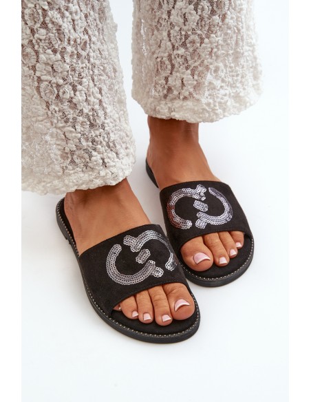 Women's Flat Flip-Flops With Sequins S.Barski KV27-052 Black