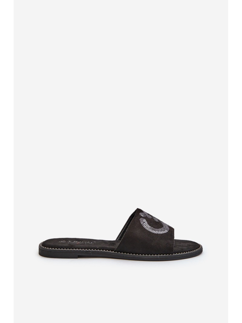 Women's Flat Flip-Flops With Sequins S.Barski KV27-052 Black