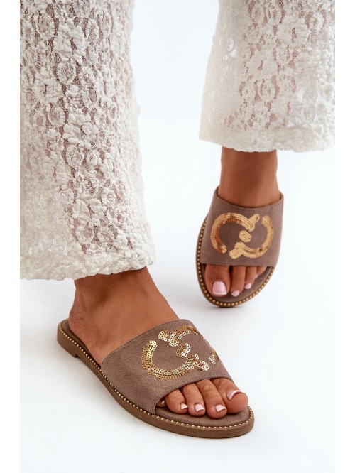 Women's Flat Slippers With Sequins S.Barski KV27-052 Brown 2