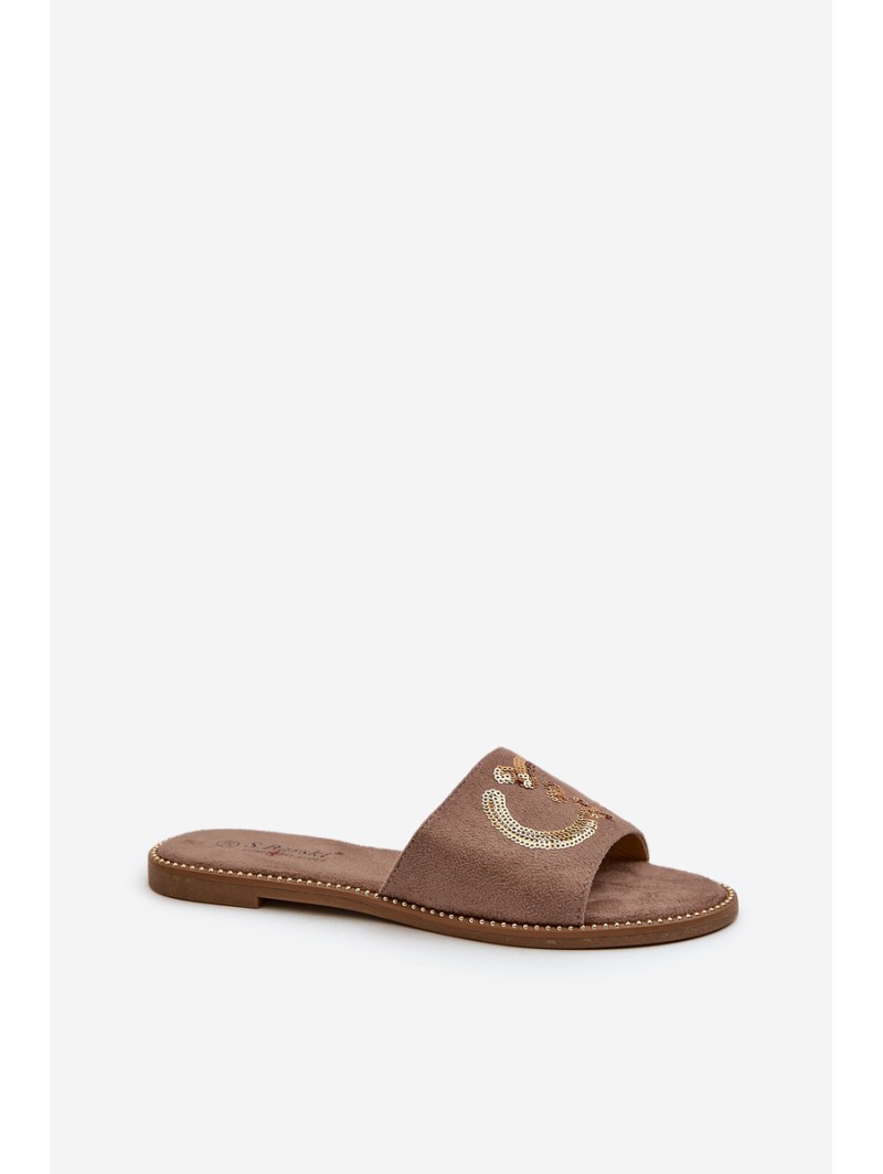 Women's Flat Slippers With Sequins S.Barski KV27-052 Brown