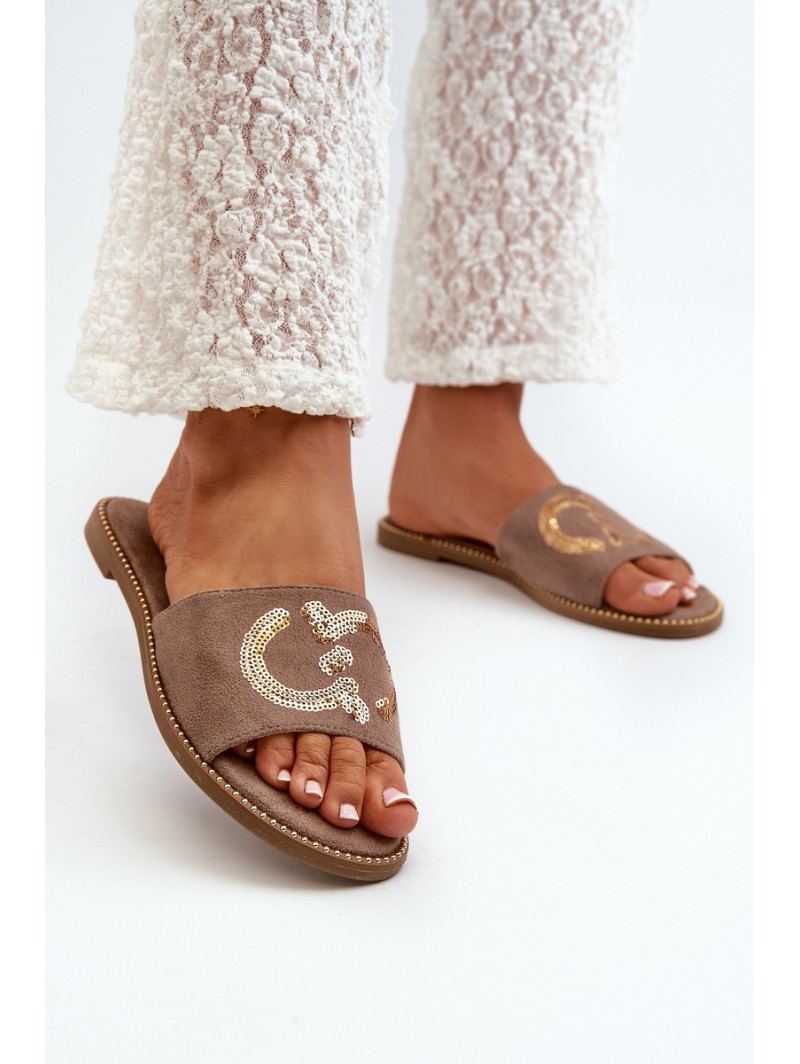 Women's Flat Slippers With Sequins S.Barski KV27-052 Brown