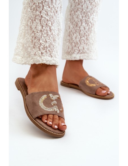 Women's Flat Slippers With Sequins S.Barski KV27-052 Brown
