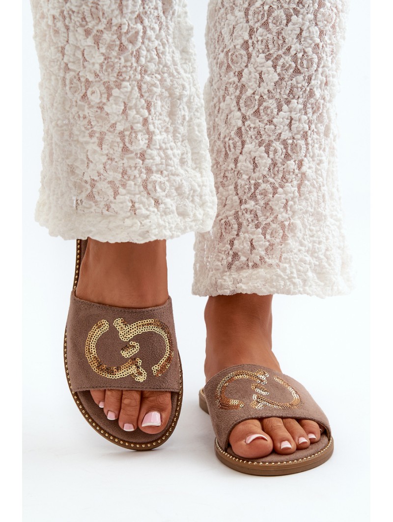 Women's Flat Slippers With Sequins S.Barski KV27-052 Brown
