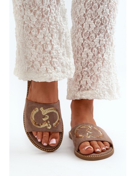 Women's Flat Slippers With Sequins S.Barski KV27-052 Brown