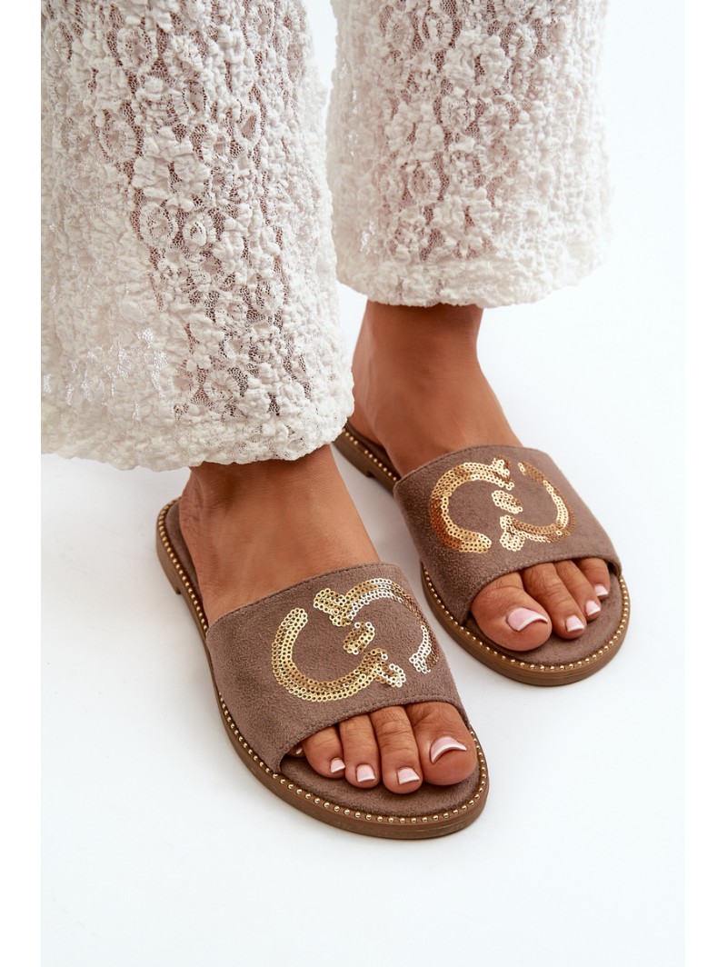 Women's Flat Slippers With Sequins S.Barski KV27-052 Brown