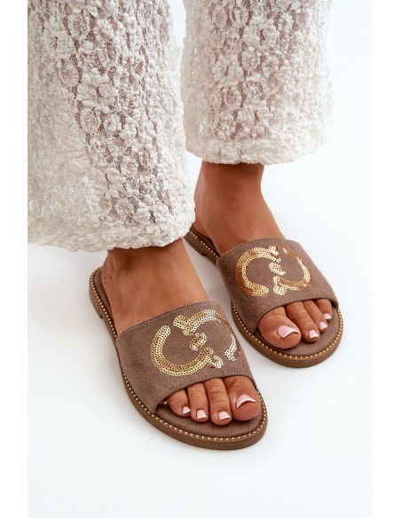 Women's Flat Slippers With Sequins S.Barski KV27-052 Brown