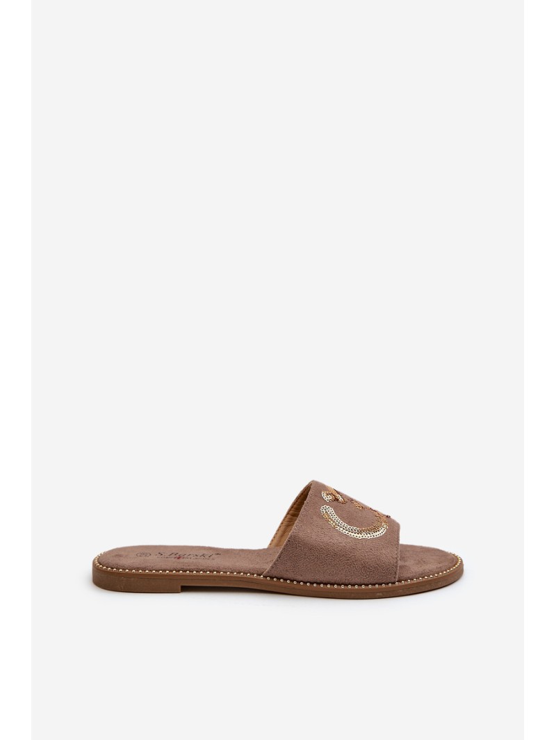 Women's Flat Slippers With Sequins S.Barski KV27-052 Brown