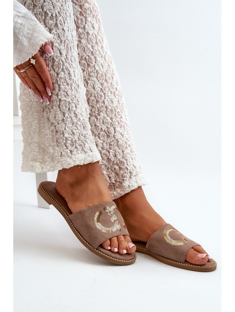 Women's Flat Slippers With Sequins S.Barski KV27-052 Brown