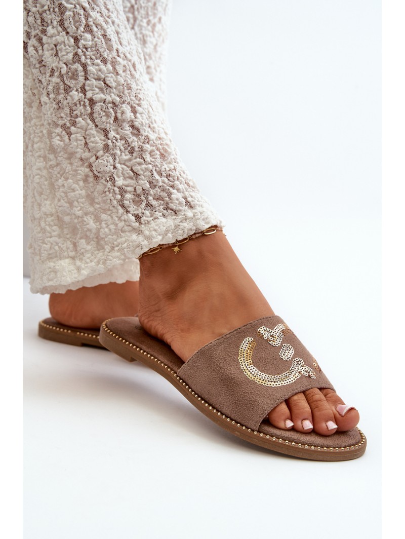 Women's Flat Slippers With Sequins S.Barski KV27-052 Brown