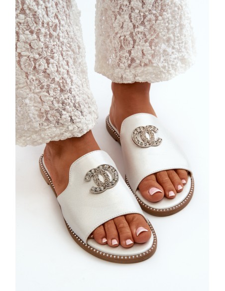 Elegant Women's Shiny Slippers With Decoration S.Barski KV27-050 Silver