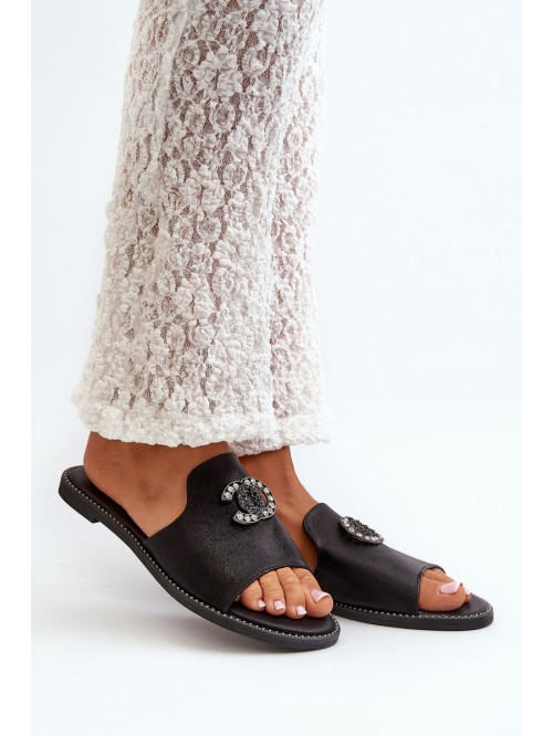 Elegant Women's Shiny Slippers With Decoration S.Barski KV27-050 Black 2