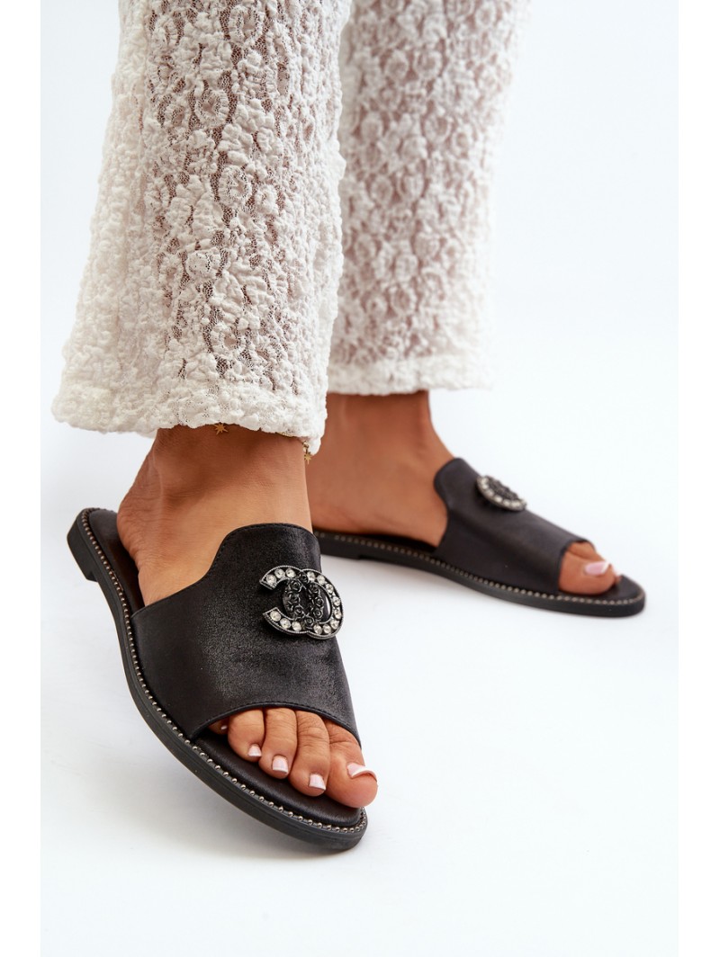 Elegant Women's Shiny Slippers With Decoration S.Barski KV27-050 Black