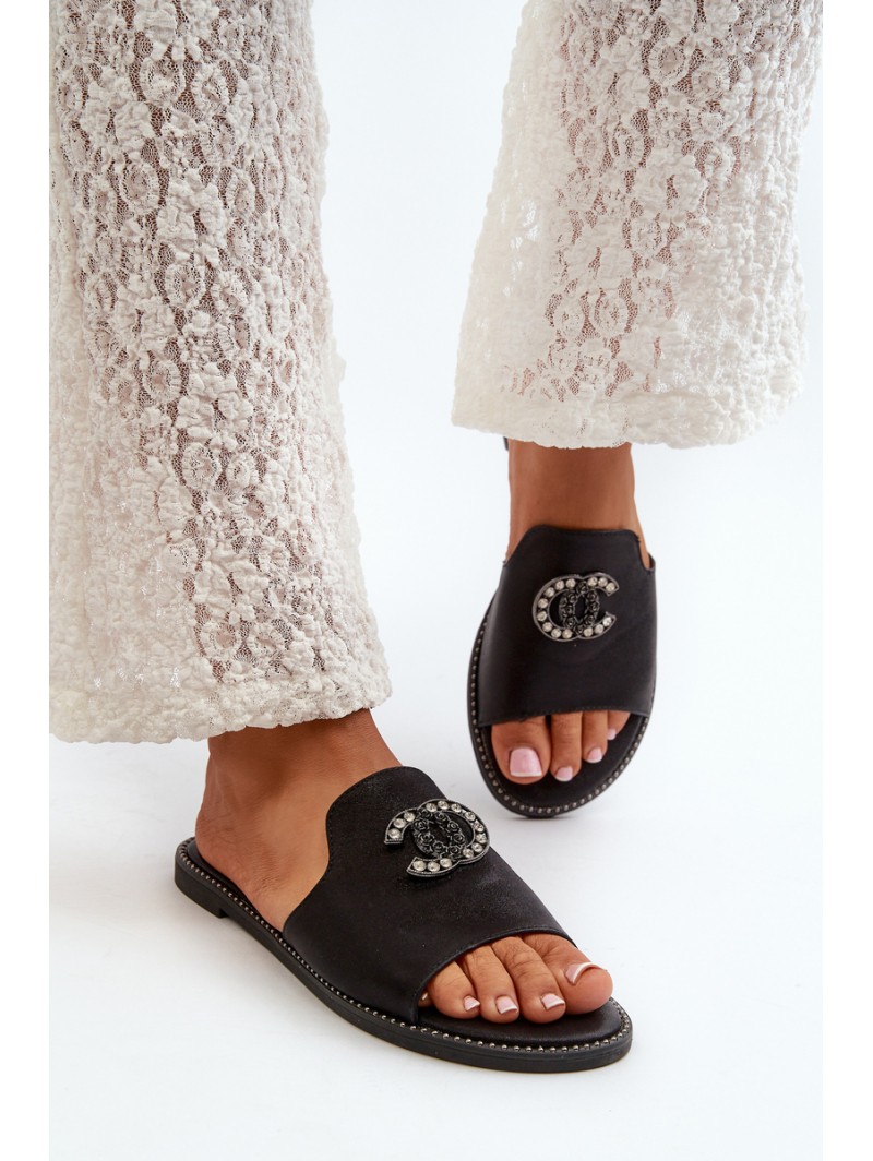 Elegant Women's Shiny Slippers With Decoration S.Barski KV27-050 Black