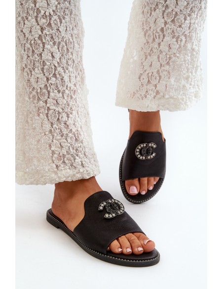 Elegant Women's Shiny Slippers With Decoration S.Barski KV27-050 Black