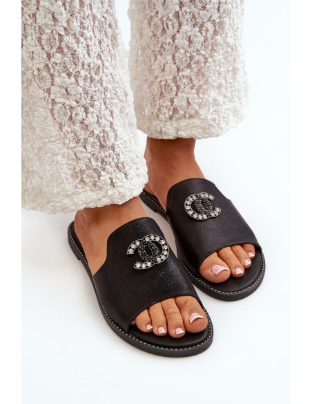 Elegant Women's Shiny Slippers With Decoration S.Barski KV27-050 Black