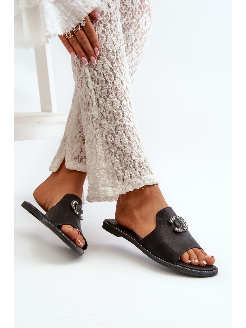 Elegant Women's Shiny Slippers With Decoration S.Barski KV27-050 Black