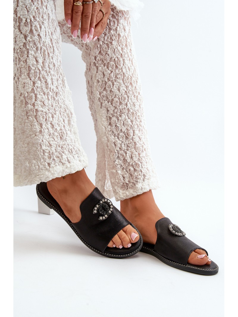 Elegant Women's Shiny Slippers With Decoration S.Barski KV27-050 Black