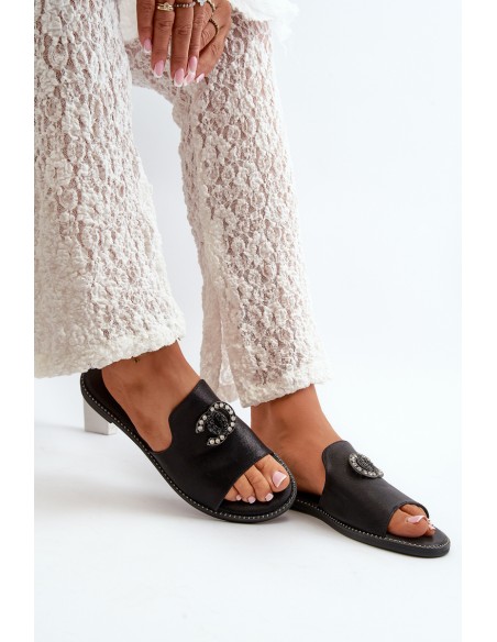Elegant Women's Shiny Slippers With Decoration S.Barski KV27-050 Black