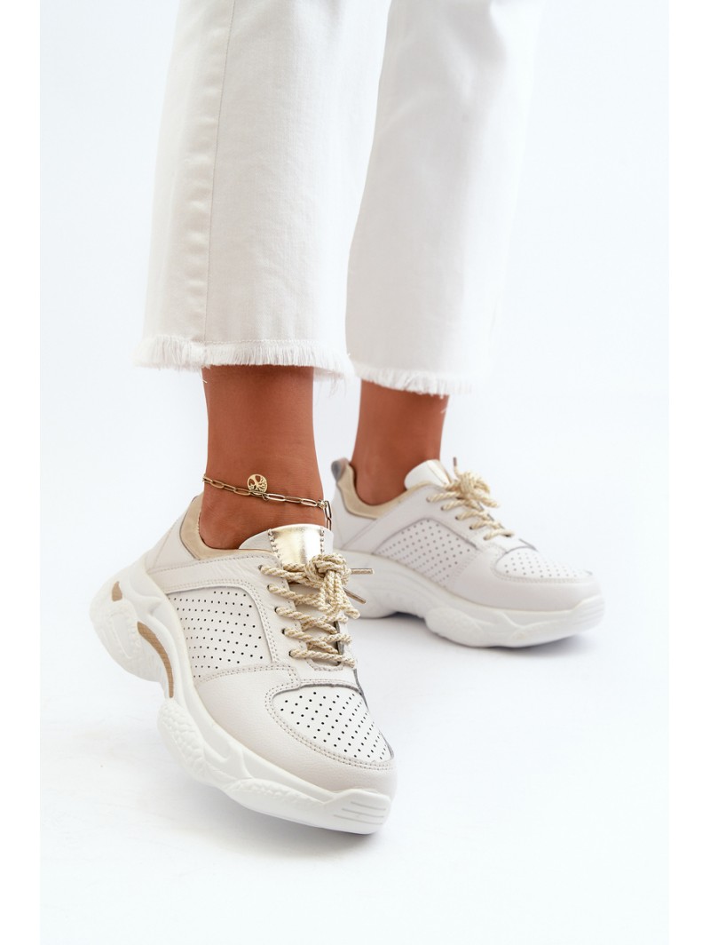 Women's Leather Sneakers with Chunky White-Gold Sole Dzumati