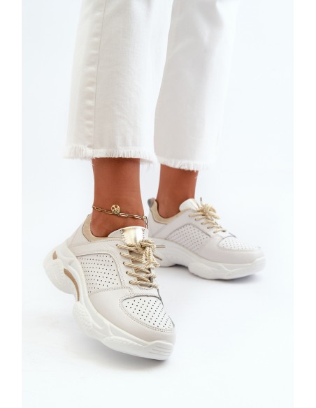 Women's Leather Sneakers with Chunky White-Gold Sole Dzumati