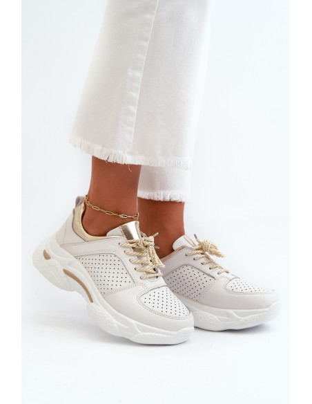 Women's Leather Sneakers with Chunky White-Gold Sole Dzumati
