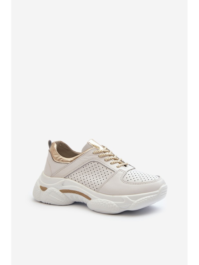 Women's Leather Sneakers with Chunky White-Gold Sole Dzumati