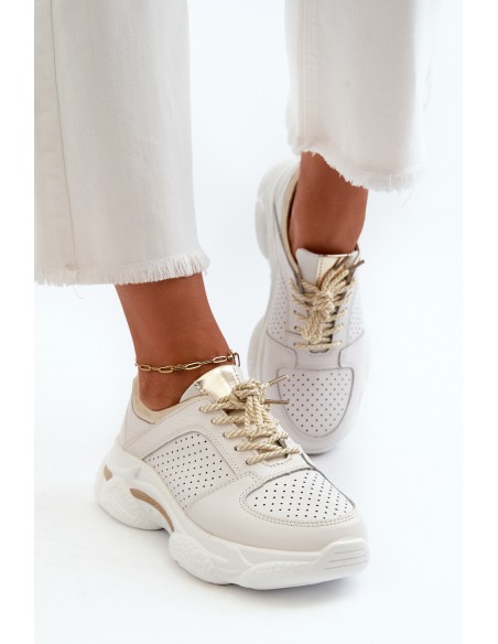 Women's Leather Sneakers with Chunky White-Gold Sole Dzumati