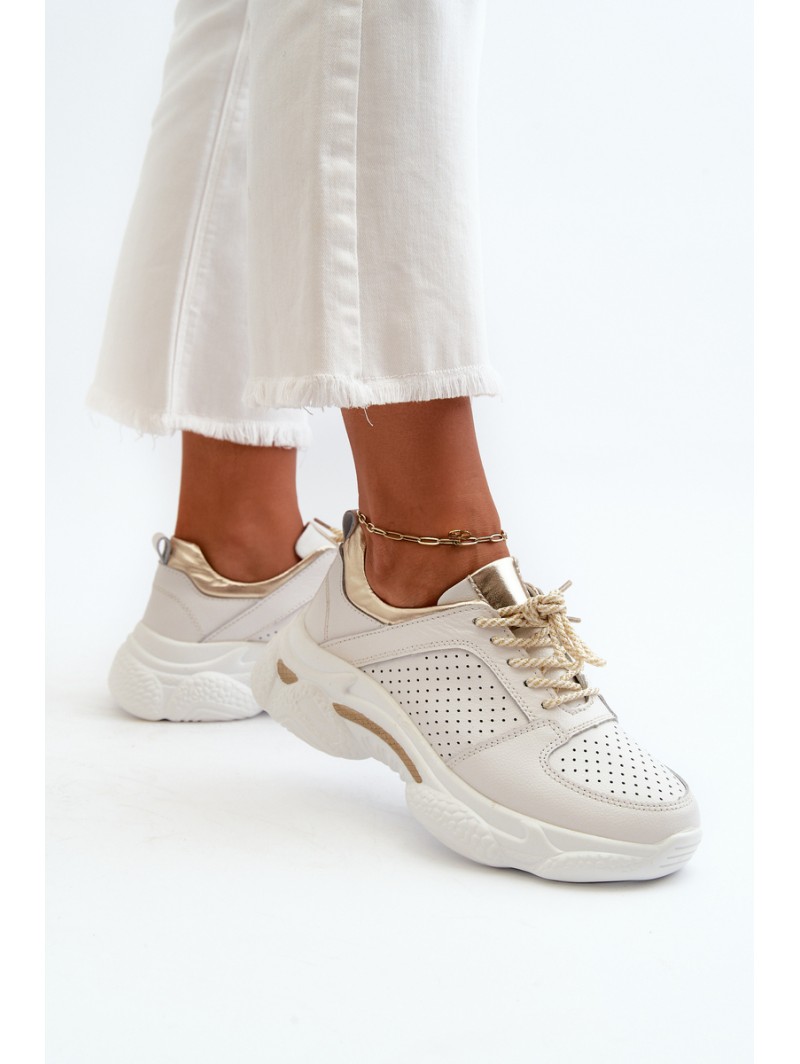 Women's Leather Sneakers with Chunky White-Gold Sole Dzumati