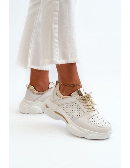 Women's Leather Sneakers with Chunky White-Gold Sole Dzumati