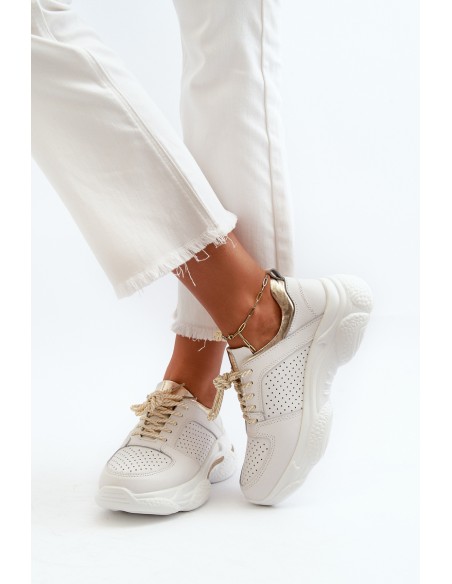 Women's Leather Sneakers with Chunky White-Gold Sole Dzumati