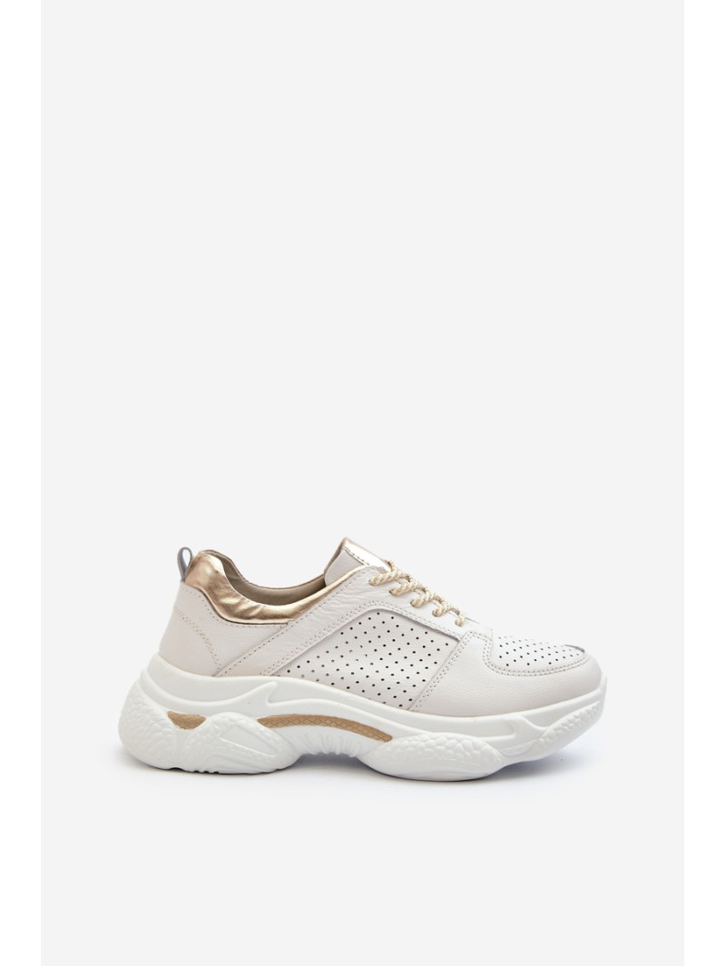 Women's Leather Sneakers with Chunky White-Gold Sole Dzumati