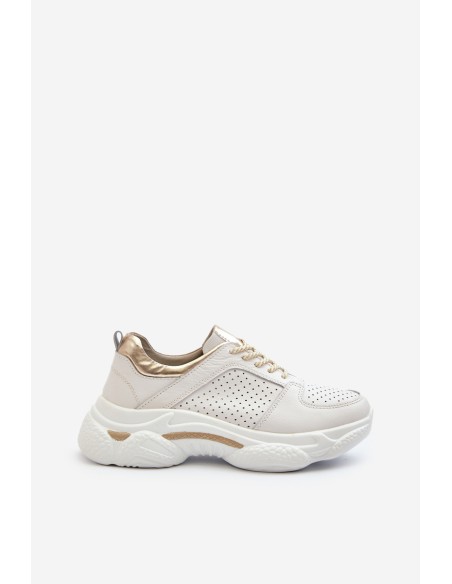 Women's Leather Sneakers with Chunky White-Gold Sole Dzumati