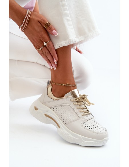 Women's Leather Sneakers with Chunky White-Gold Sole Dzumati