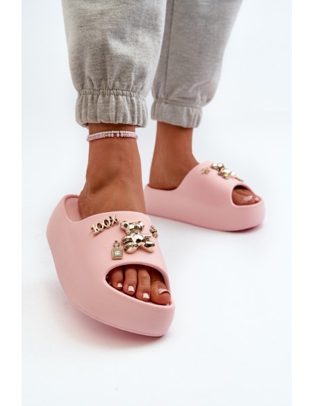 Women's Lightweight Foam Slides with Pink Decorations Orchia
