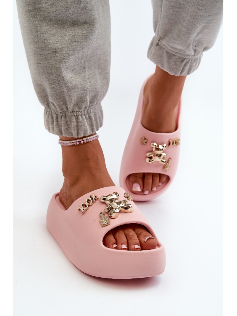 Women's Lightweight Foam Slides with Pink Decorations Orchia