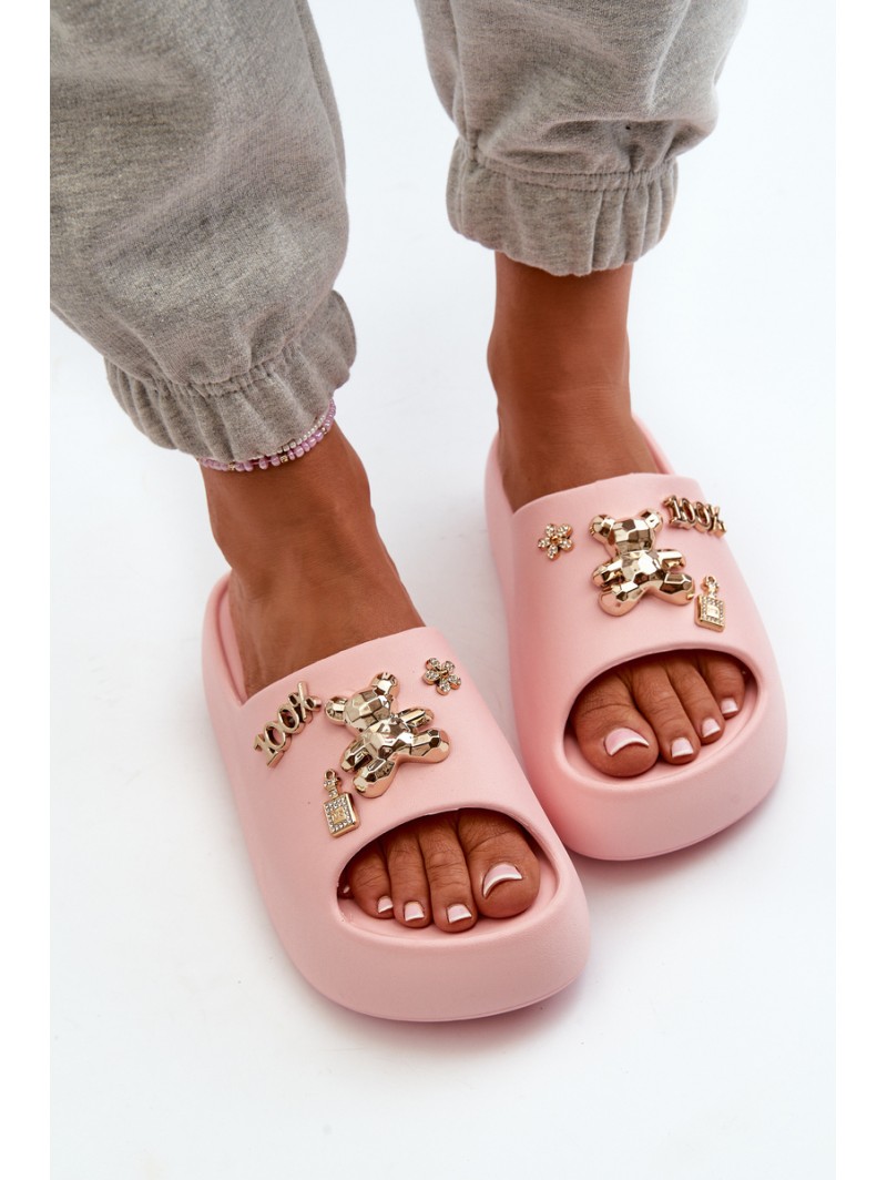 Women's Lightweight Foam Slides with Pink Decorations Orchia