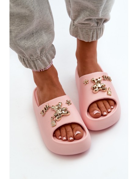 Women's Lightweight Foam Slides with Pink Decorations Orchia