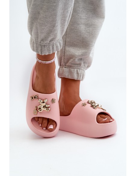 Women's Lightweight Foam Slides with Pink Decorations Orchia