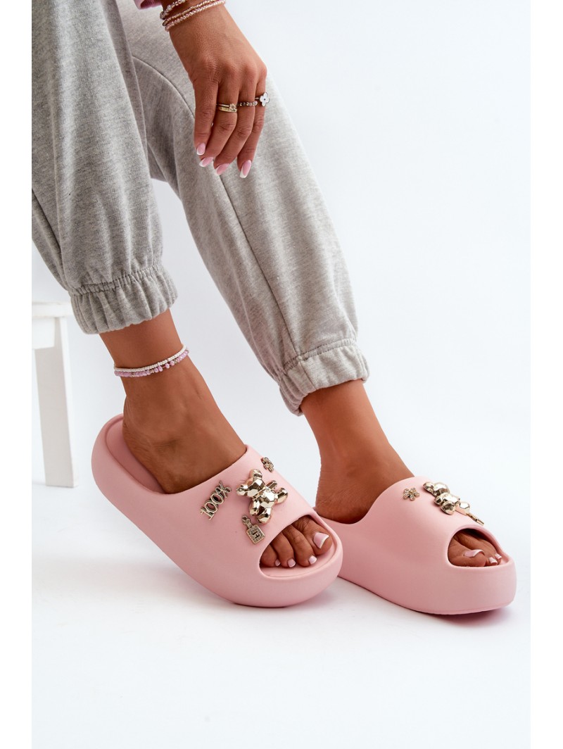 Women's Lightweight Foam Slides with Pink Decorations Orchia