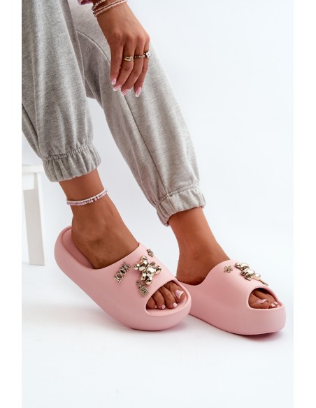 Women's Lightweight Foam Slides with Pink Decorations Orchia